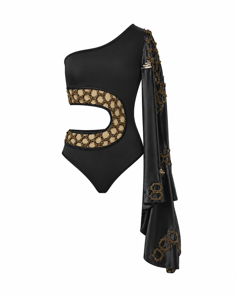 The Kaelis Honeycomb One Shoulder Cape Swimsuit