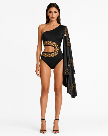 The Kaelis Honeycomb One Shoulder Cape Swimsuit