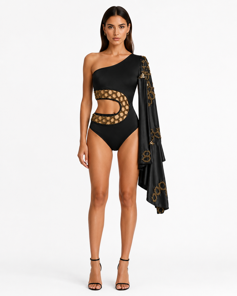 The Kaelis Honeycomb One Shoulder Cape Swimsuit