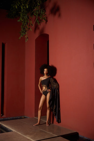 The Kaelis Honeycomb One Shoulder Cape Swimsuit
