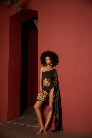 The Kaelis Honeycomb One Shoulder Cape Swimsuit