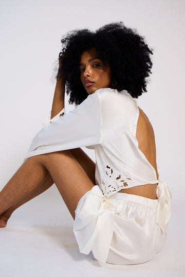 The Monsoon Bloom Cutwork Silk Satin Short Set