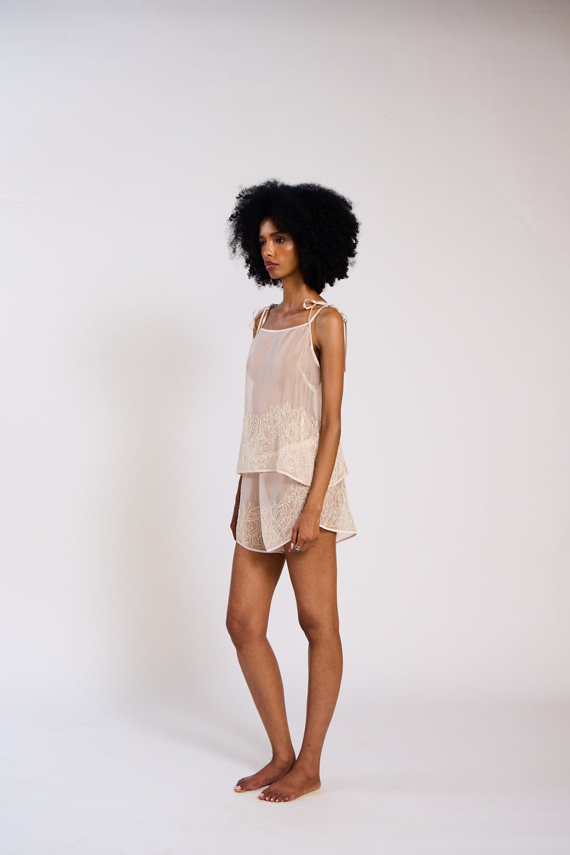The Annalise Tie Strap Sheer Silk Organza Short Set